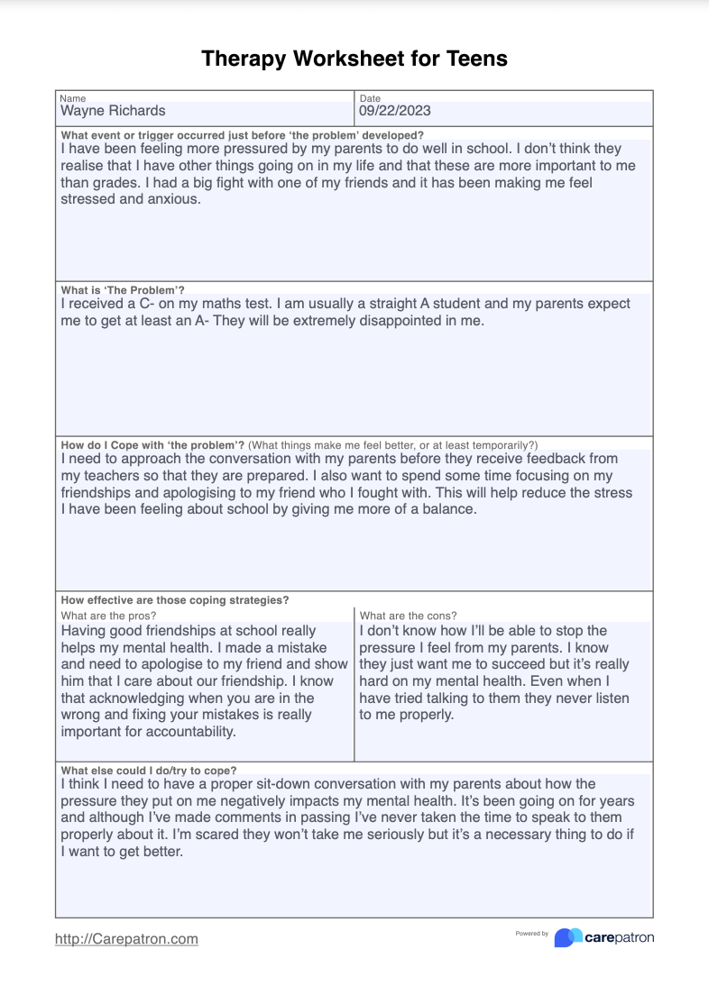 Therapy Worksheets For Teens Example (Sample)