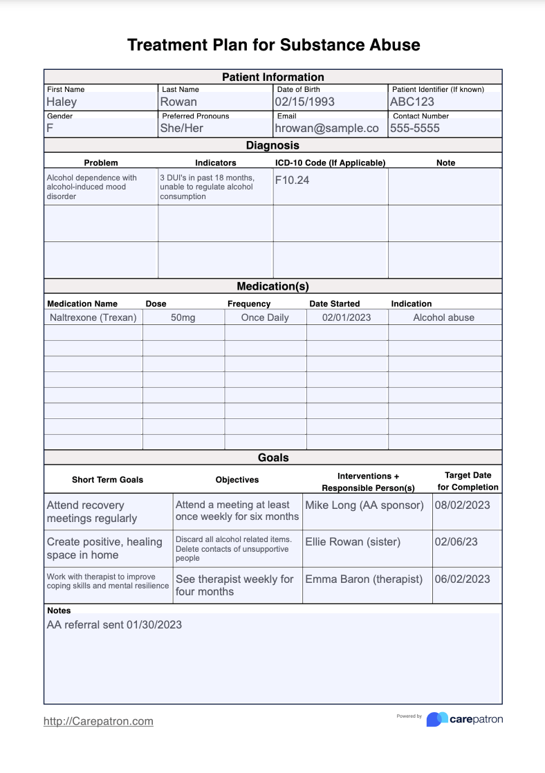 Treatment Plan For Substance Abuse Example (Sample)