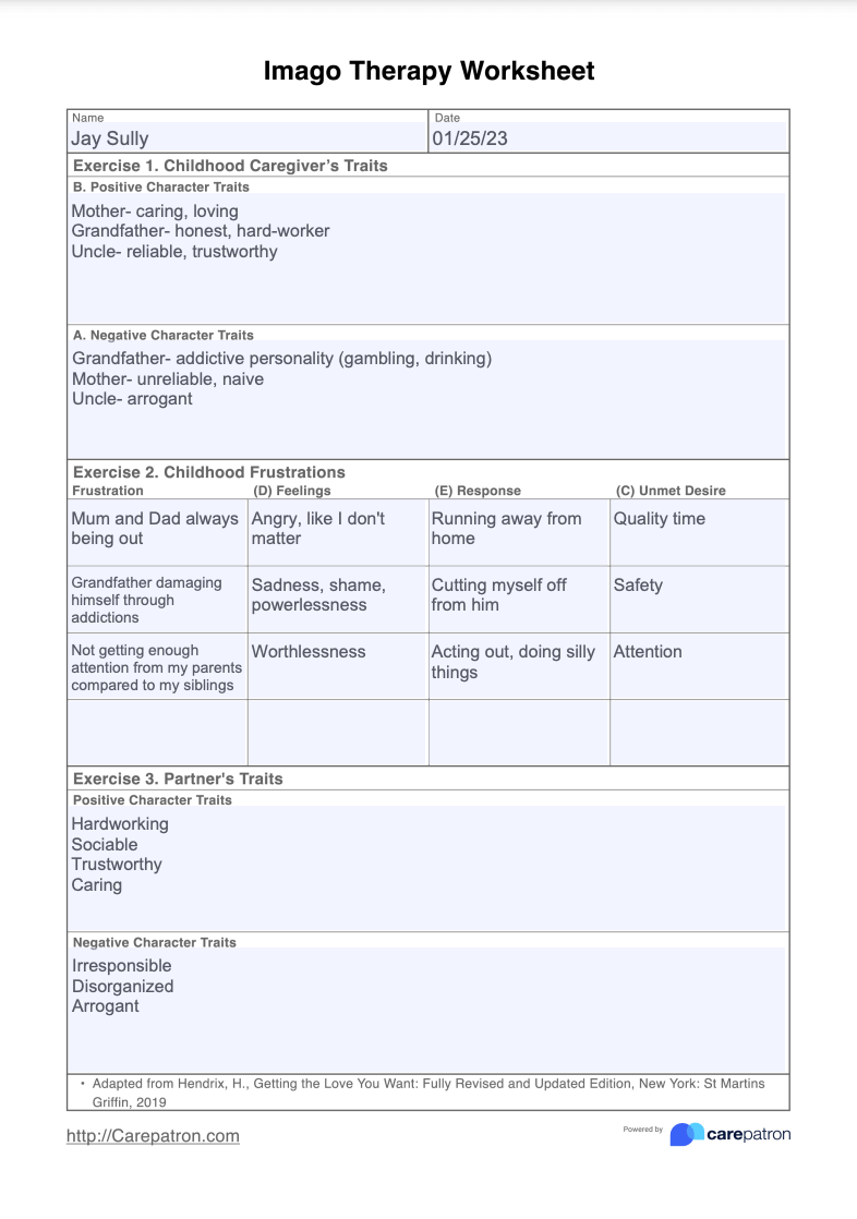 Imago Therapy Worksheet Example (Sample)