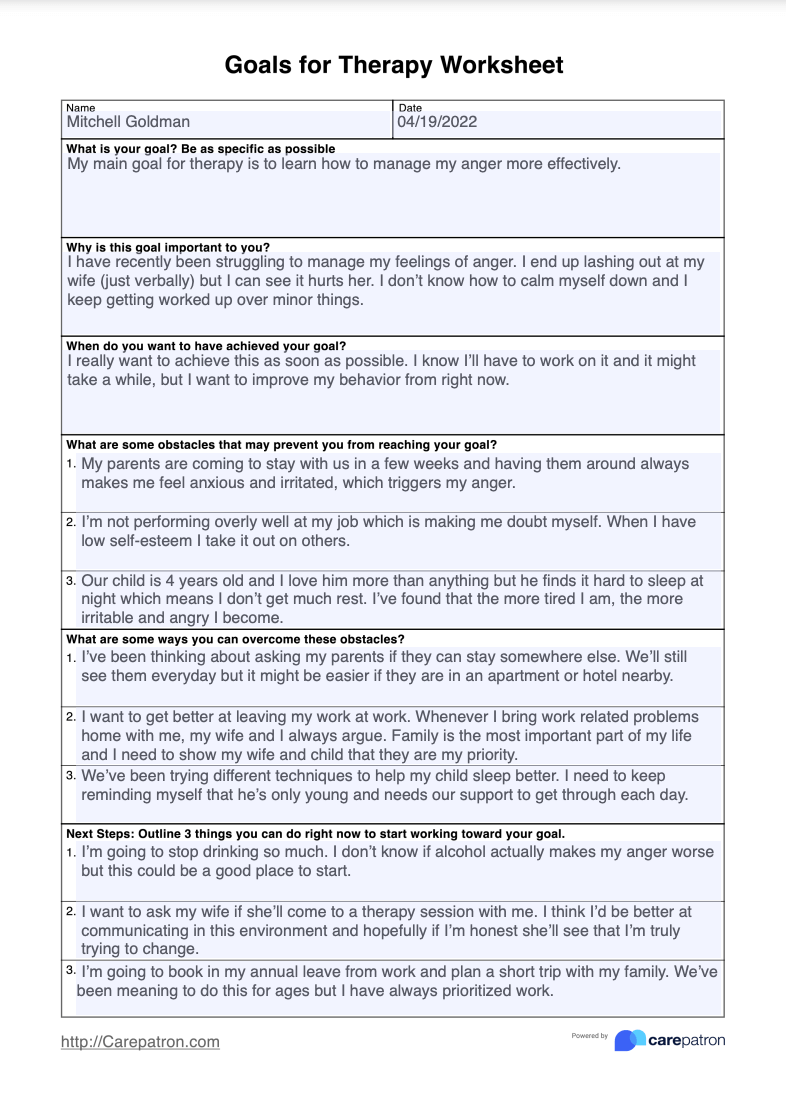 Goals For Therapy Worksheet Example (Sample)