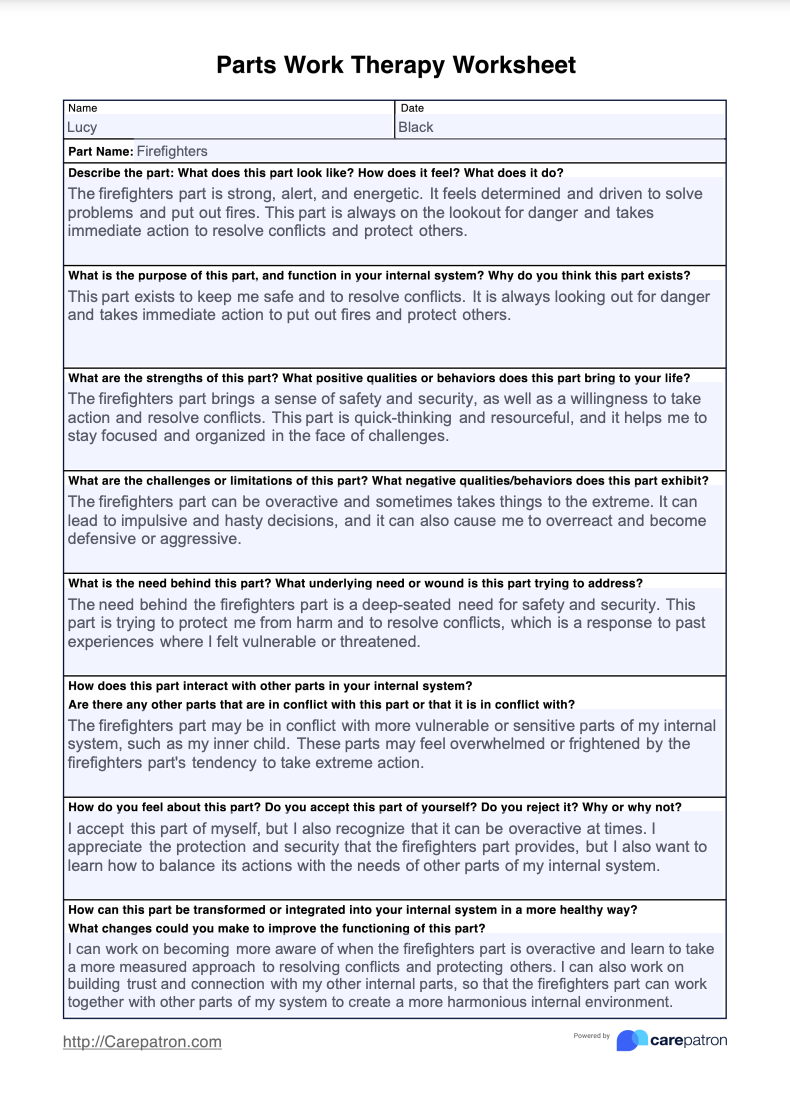 Parts Work Therapy Worksheet Example (Sample)