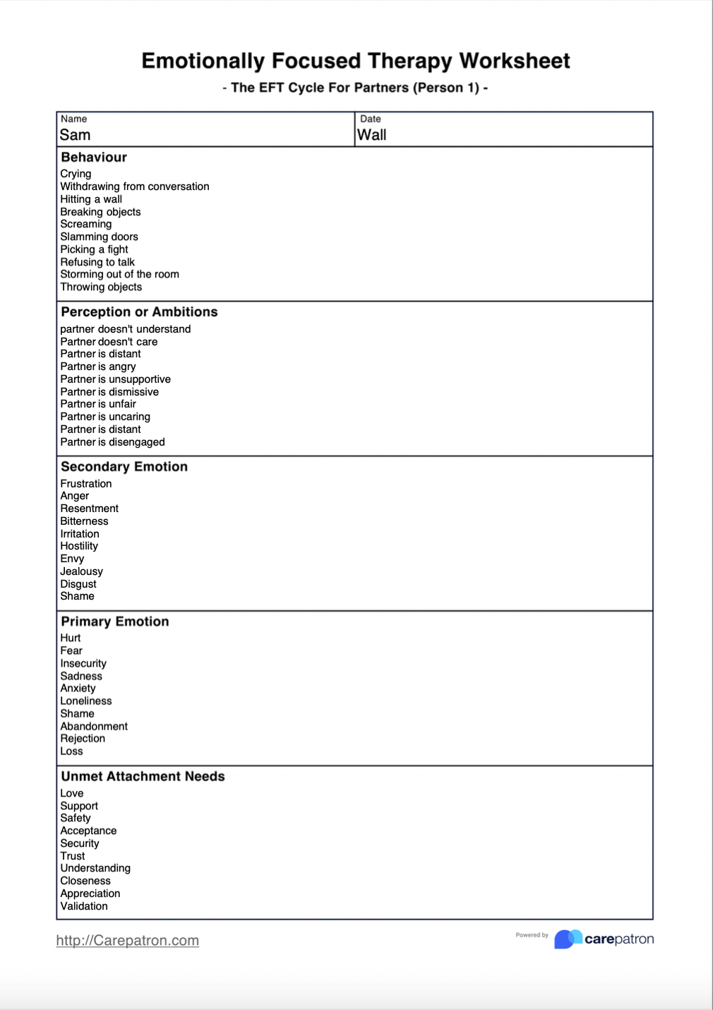 Emotionally Focused Therapy Worksheet Sample Template