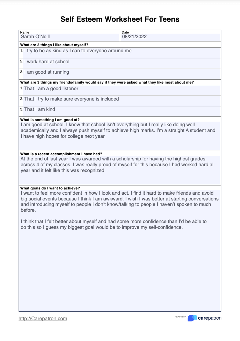 Self Esteem Worksheets For Teens Example (Sample)