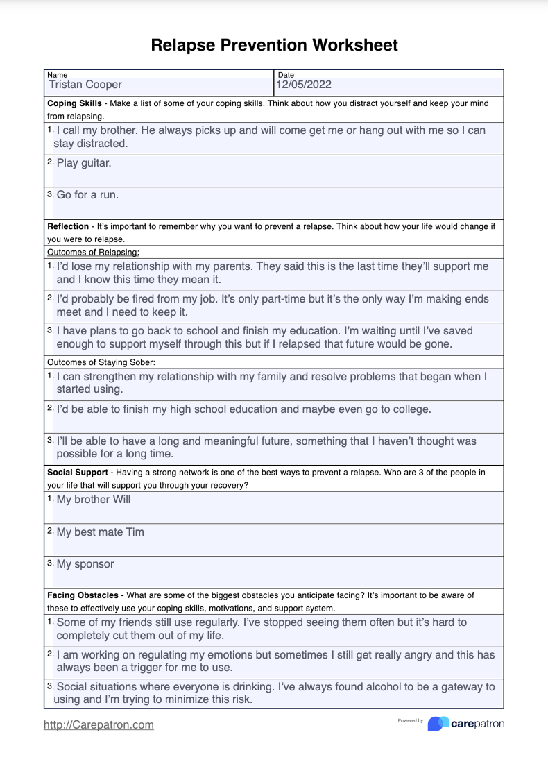 Relapse Prevention Worksheet Example (Sample)