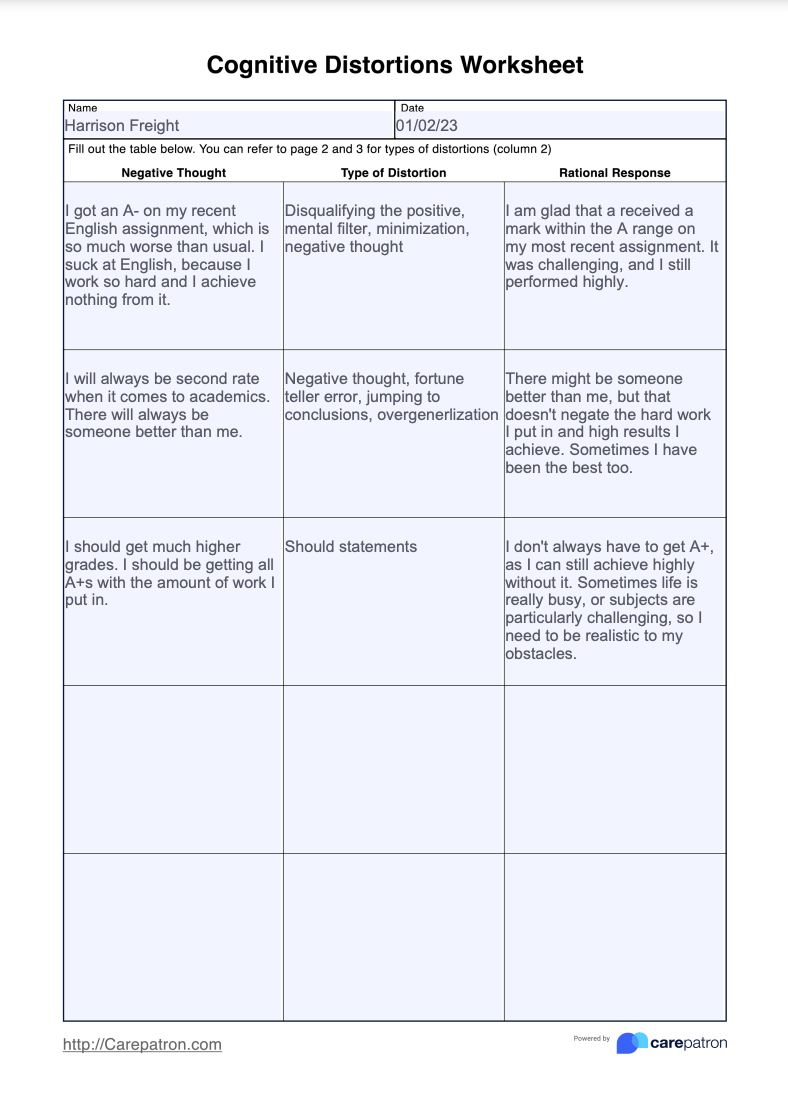 Cognitive Distortions Worksheet Example (Sample)