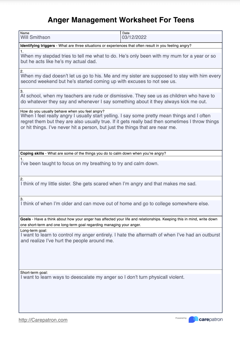 Anger Management Worksheet For Teens Example (Sample)