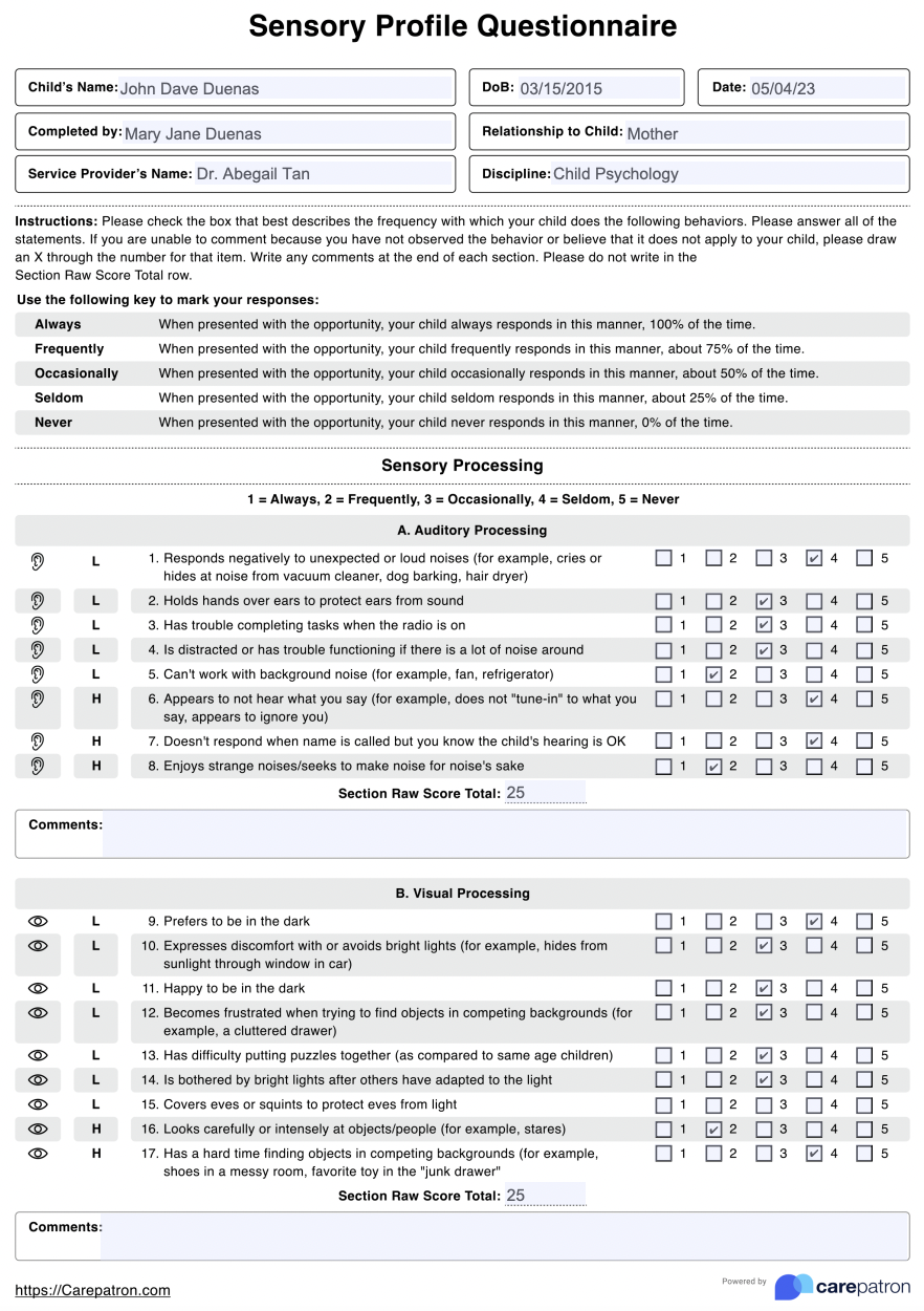 Sensory Profile Questionnaire Example (Sample)