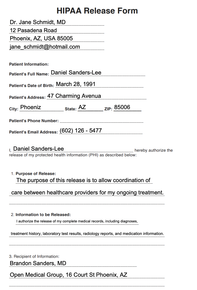 HIPAA Release Form example (sample)