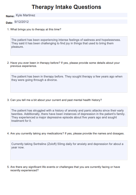 Therapy Intake Questions Example (sample)