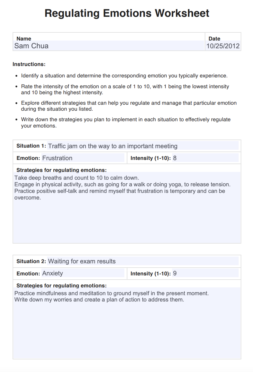 Regulating Emotions Worksheets Example (sample)