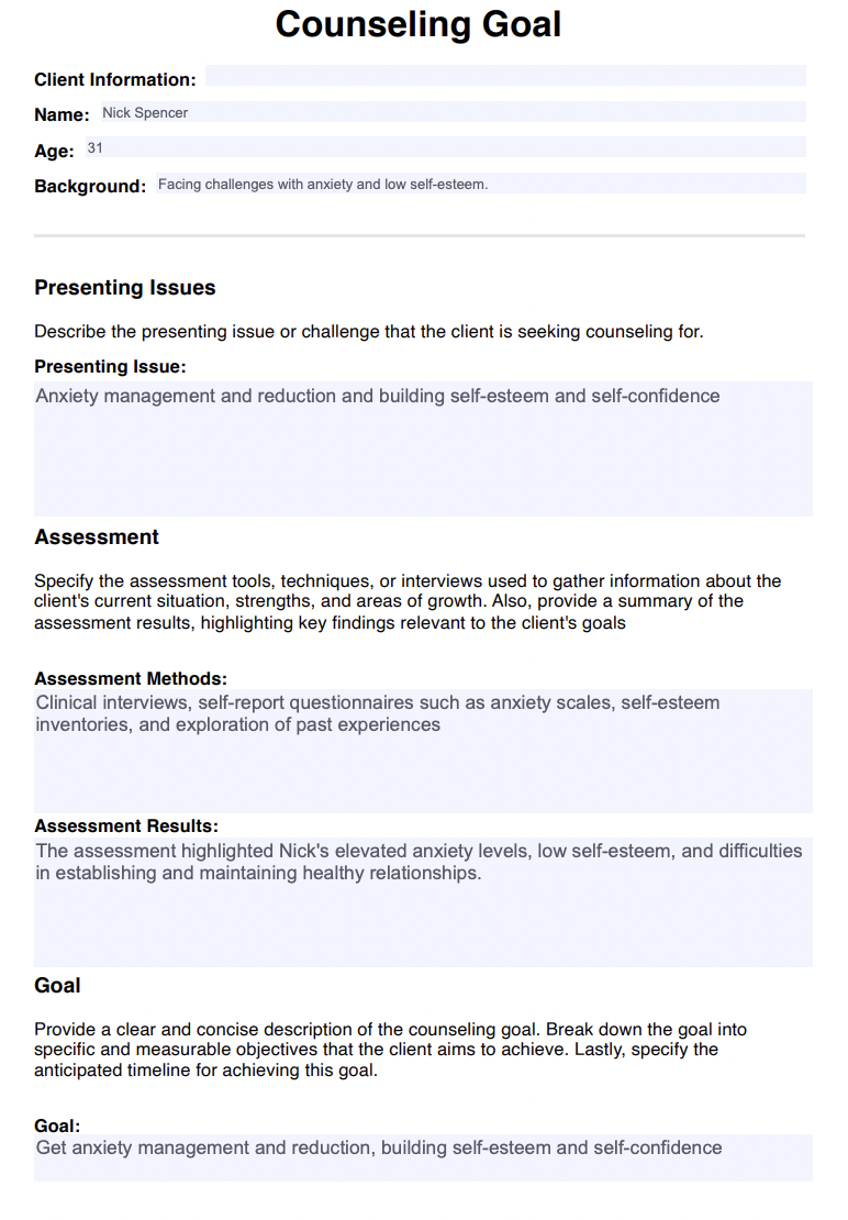 Counseling Goal Templates Example (sample)