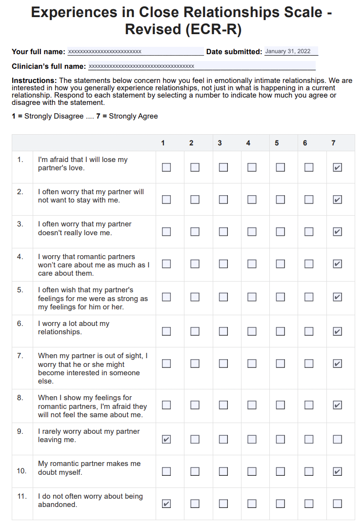 Experiences in Close Relationships Scale (ECR-R) Example