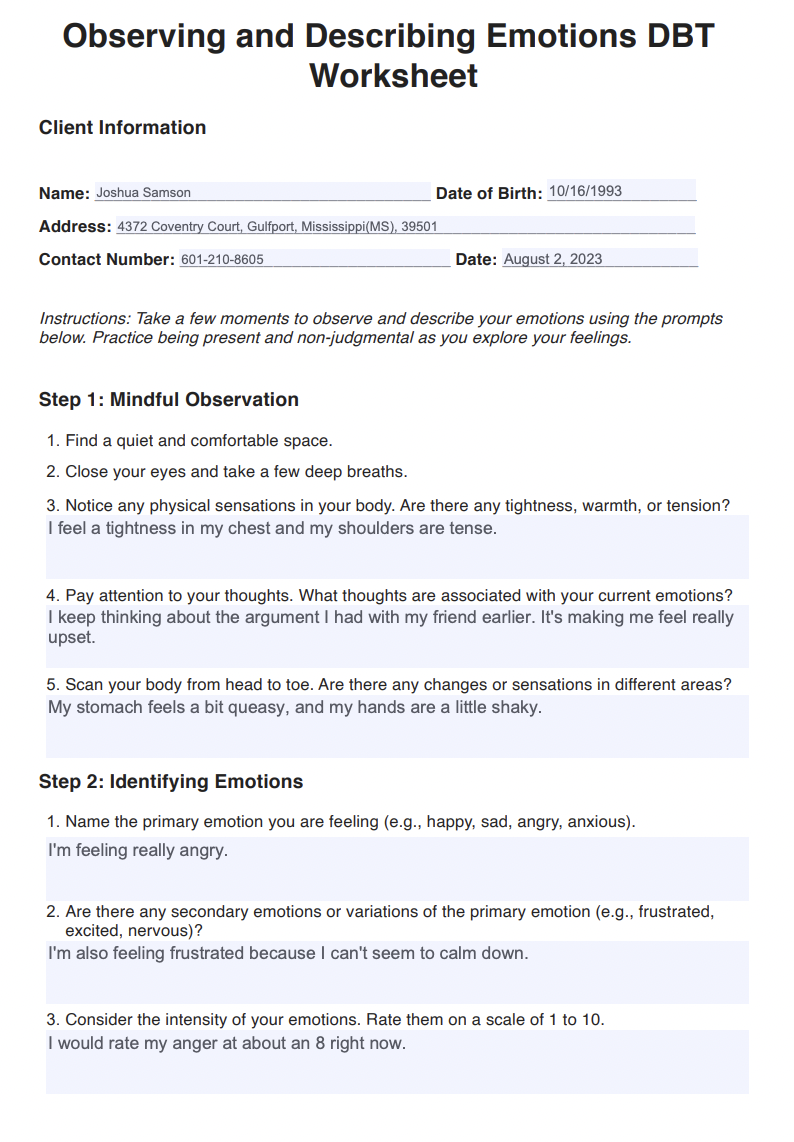 Observing and Describing Emotions DBT Worksheet Example
