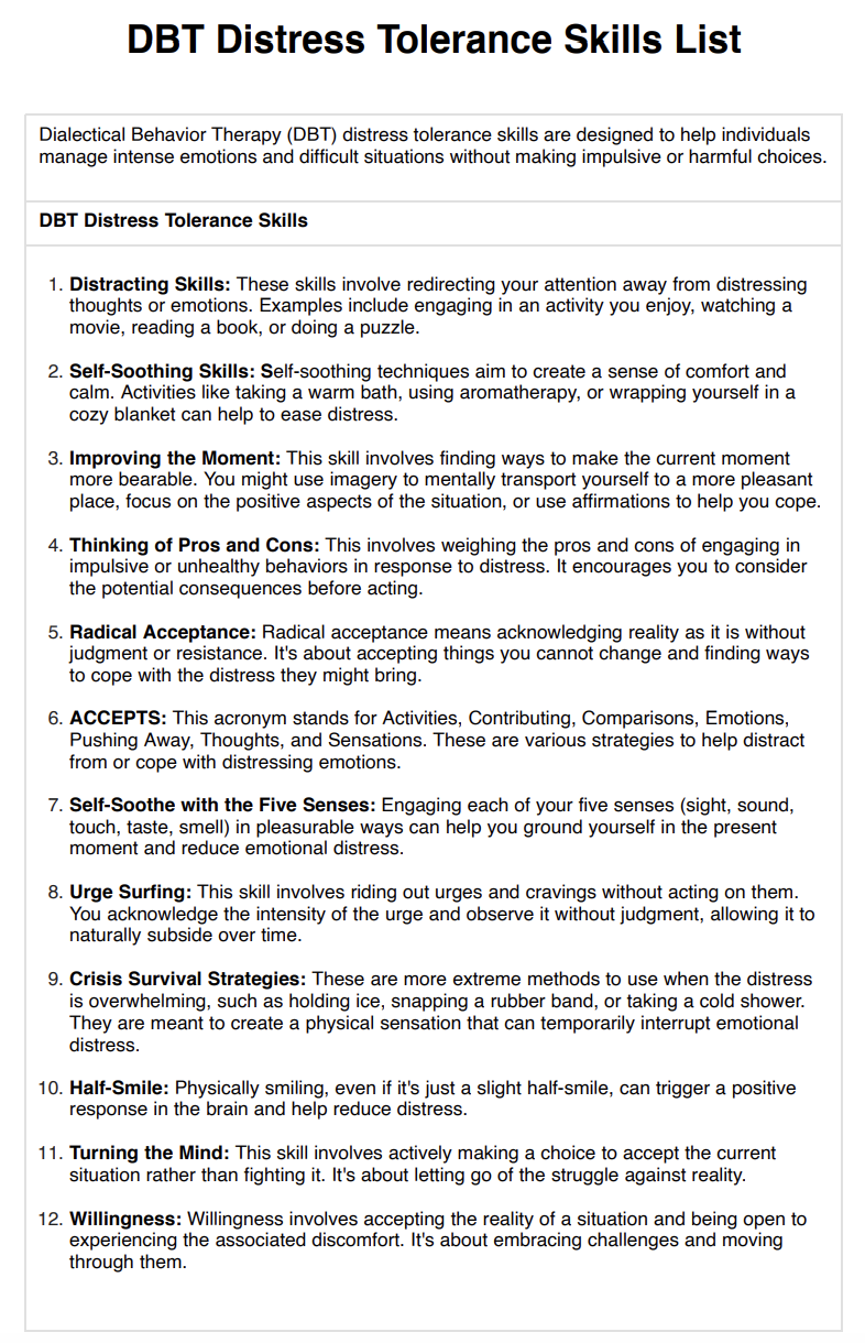 DBT Distress Tolerance Skills List Example (Sample)