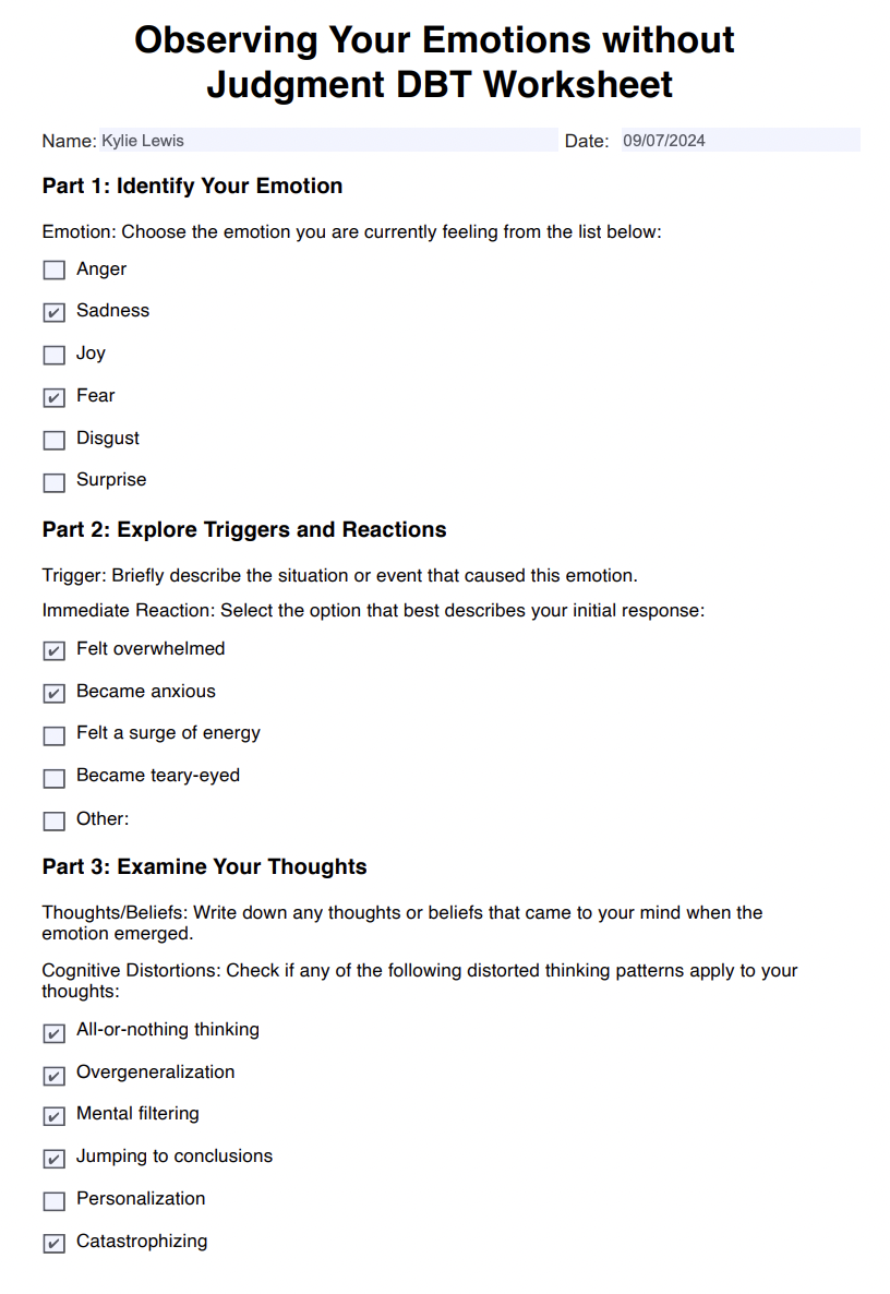 Observing Your Emotions without Judgment DBT Worksheet Example