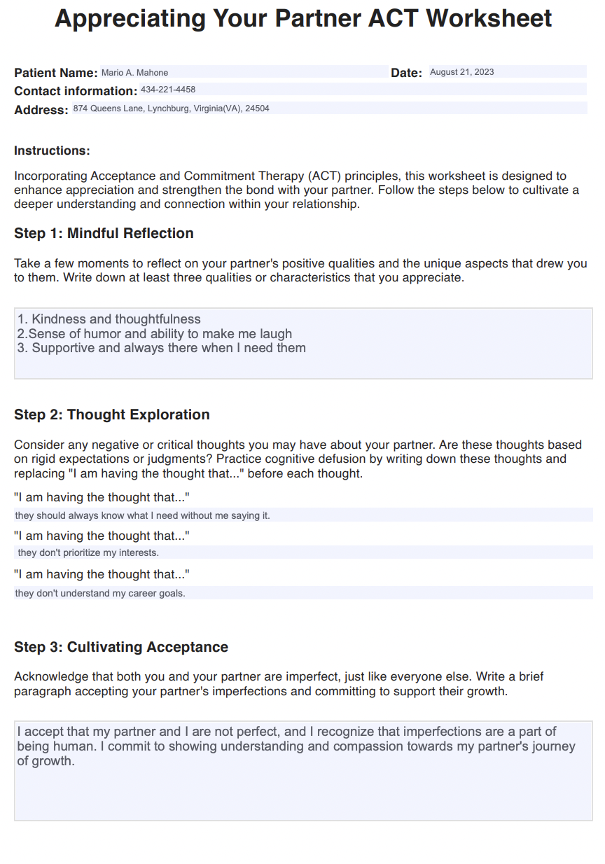 Appreciating Your Partner ACT Worksheet Example