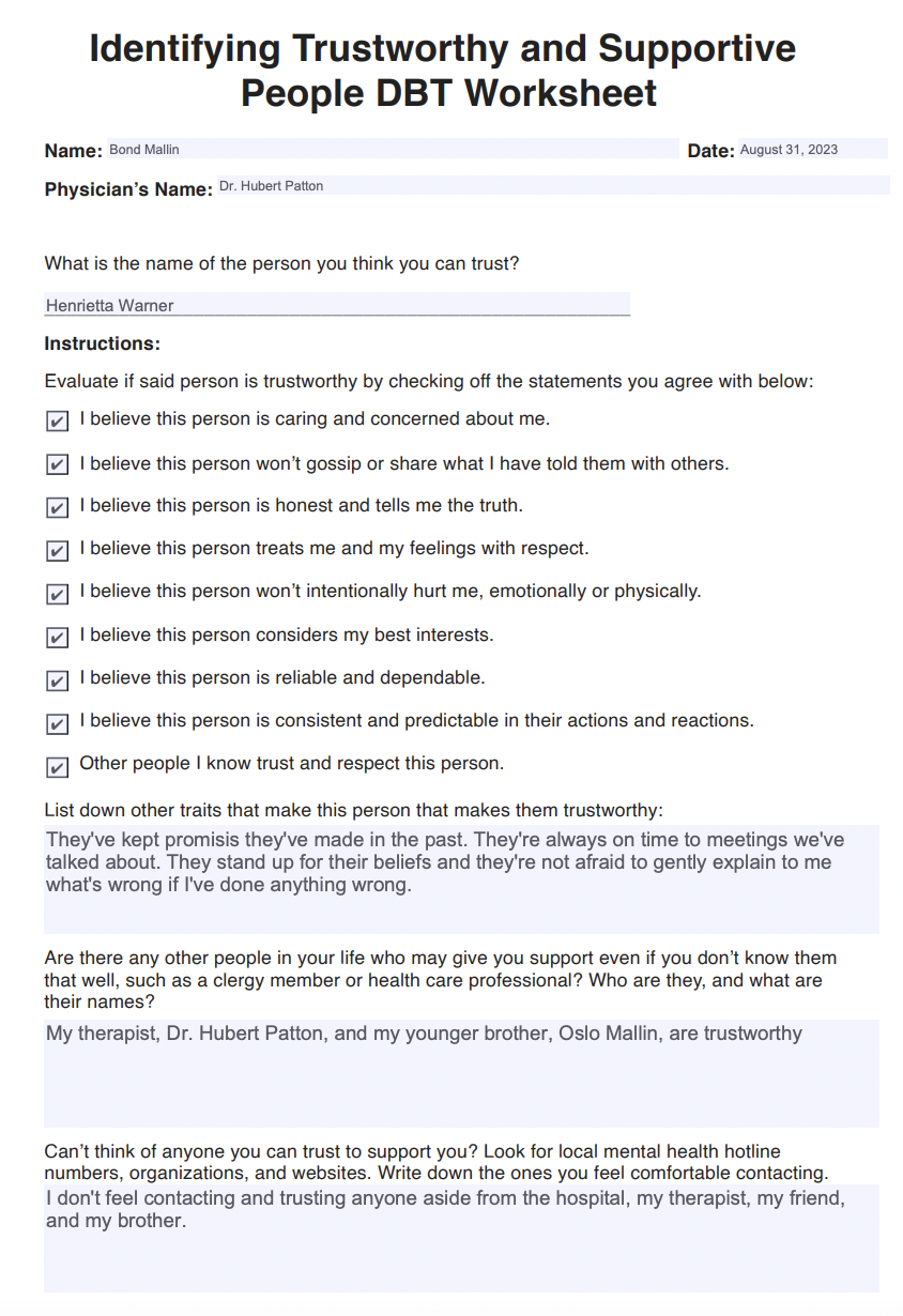 Identifying Trustworthy and Supportive People DBT Worksheet Example