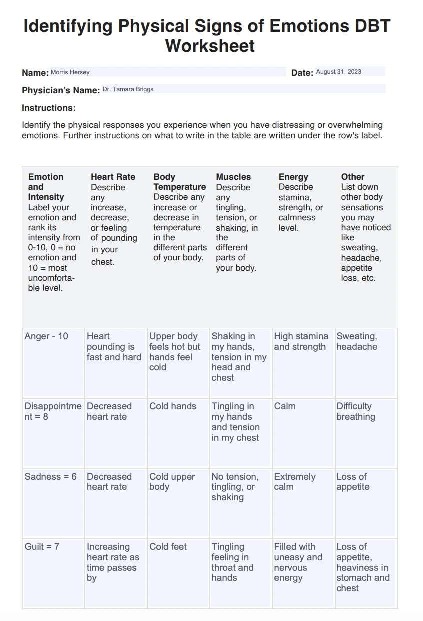 Identifying Physical Signs of Emotions DBT Worksheet Example