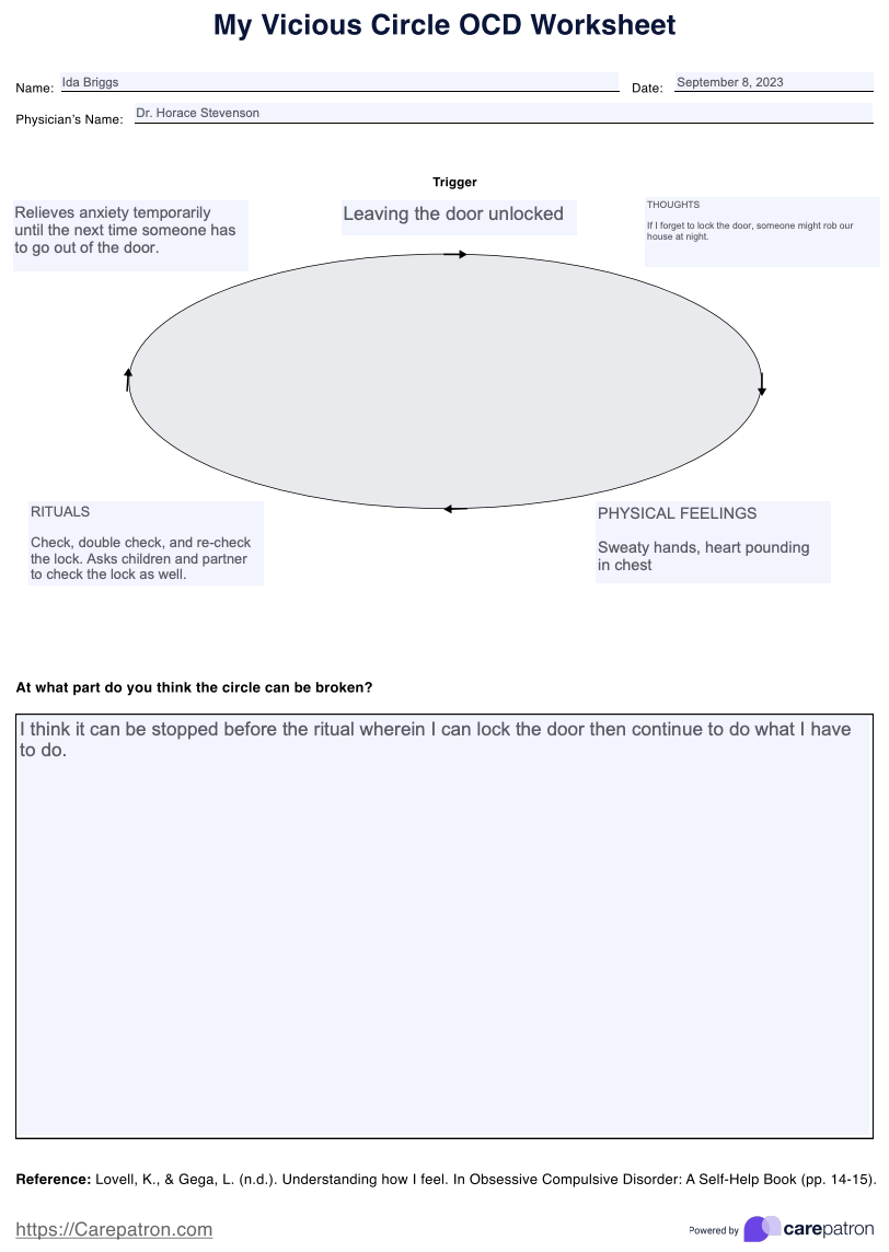 My Vicious Circle OCD Worksheet Example