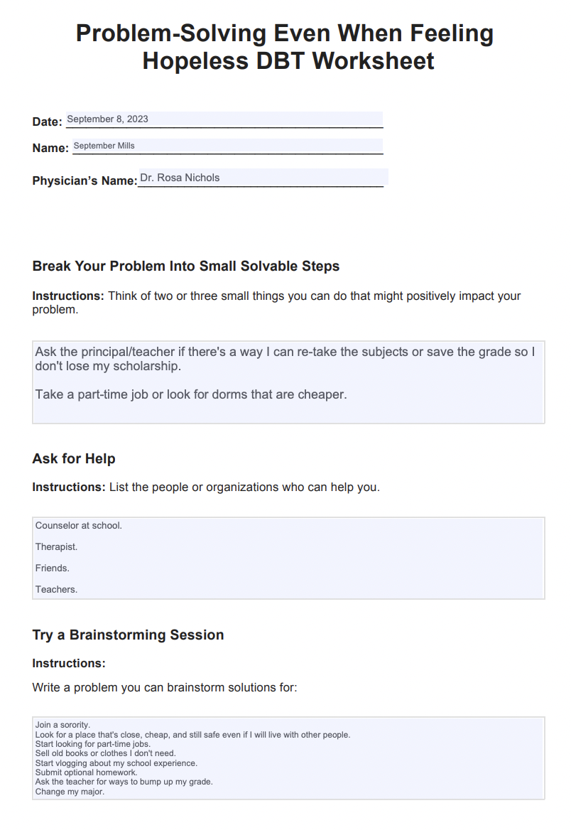 Problem-Solving Even When Feeling Hopeless DBT Worksheet Example