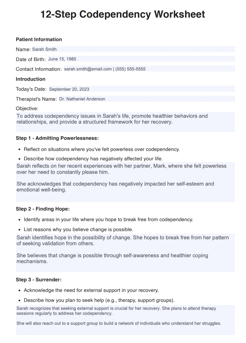12-Step Codependency Worksheets Example (sample)