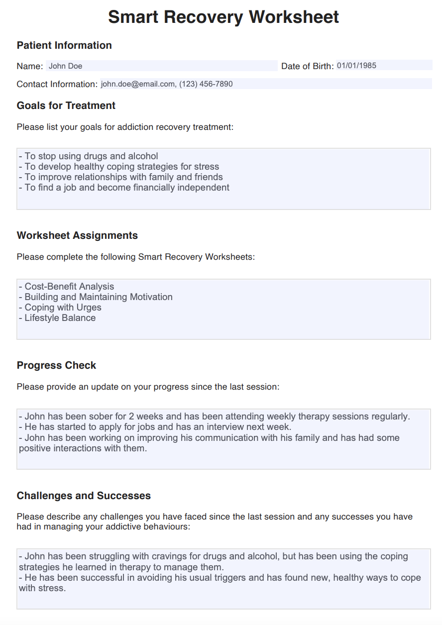 Smart Recovery Worksheets Example (sample)
