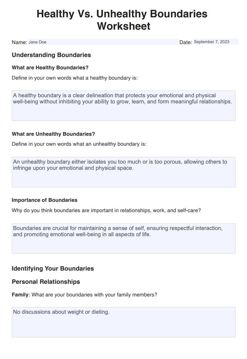 Healthy Vs Unhealthy Boundaries Worksheets Example (sample)