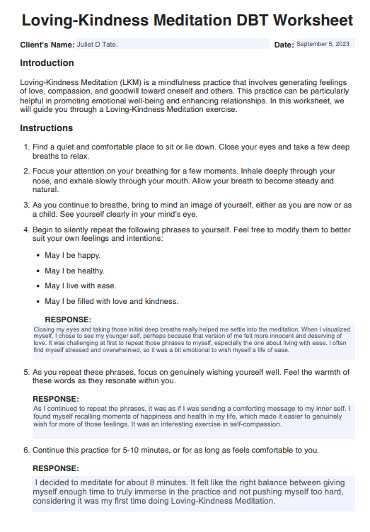 Making a Loving Kindness Meditation DBT Worksheet Example