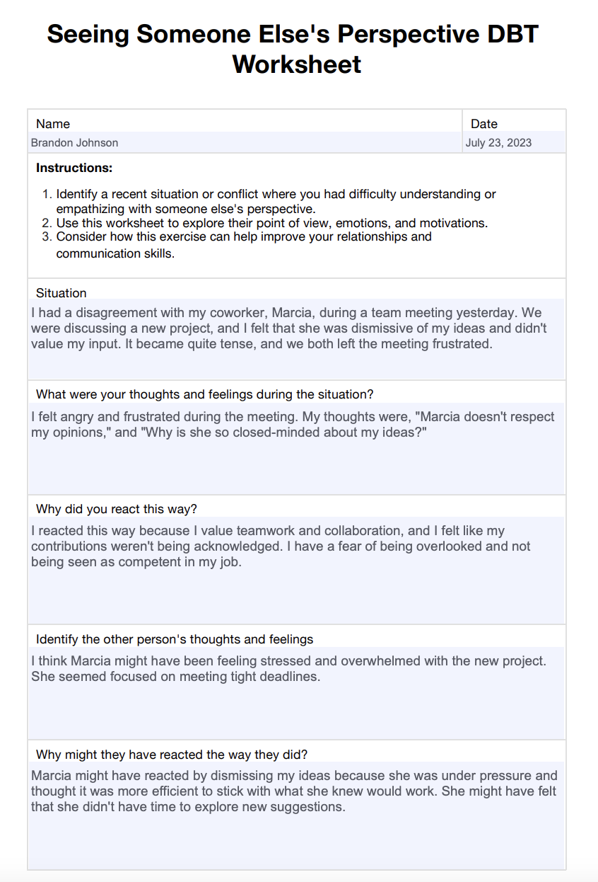 Seeing Someone Else's Perspective DBT Worksheet Example