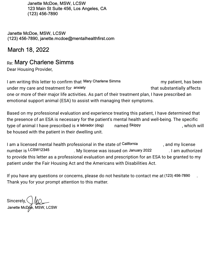 Emotional Support Animal Letter for Housing example (sample)