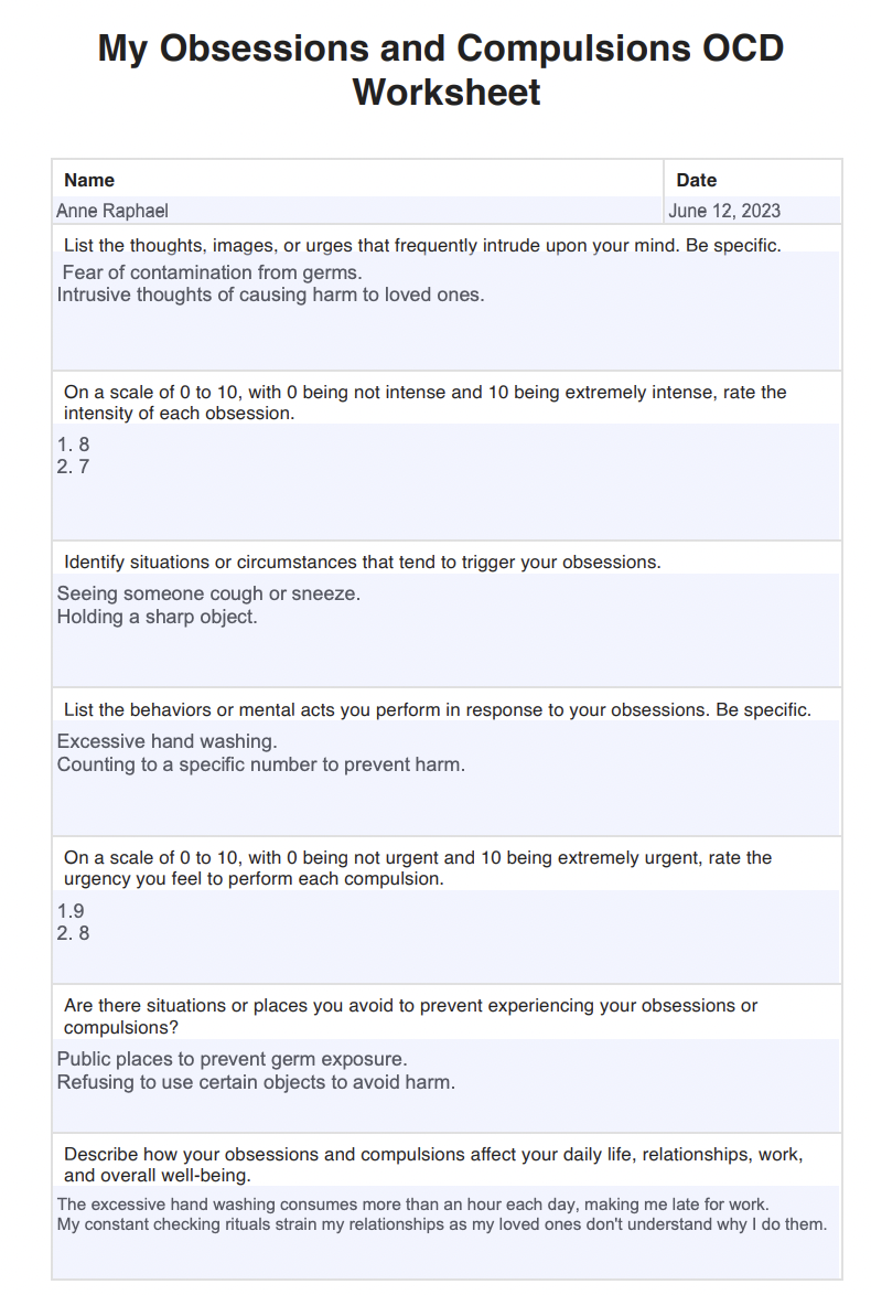 My Obsessions and Compulsions OCD Worksheet Example