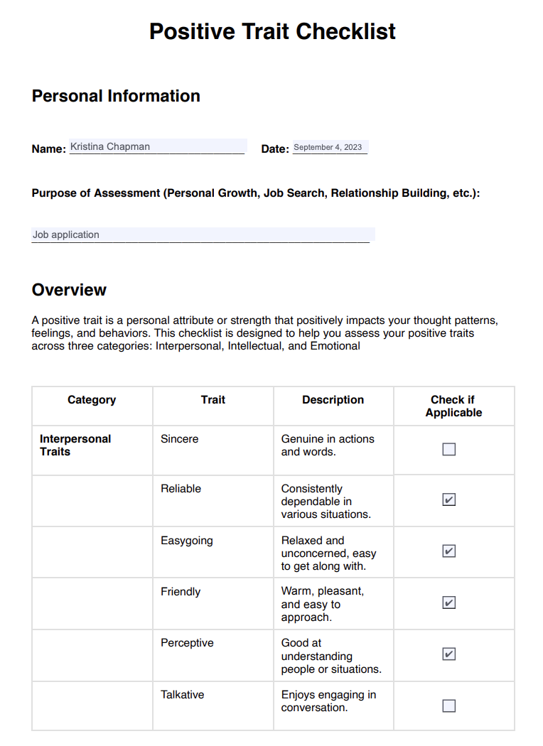 Positive Attributes Lists Example (sample)