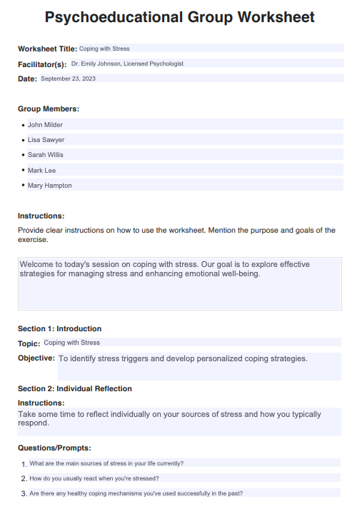 Psychoeducational Group Worksheets Example (sample)