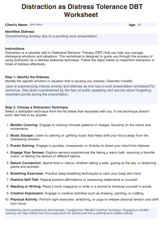 Distraction as Distress Tolerance DBT Worksheet Example