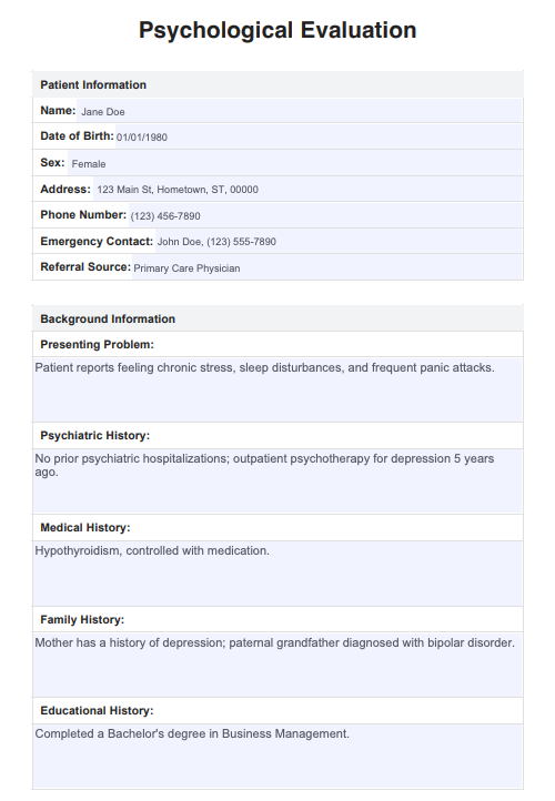Psychological Evaluations Example (sample)