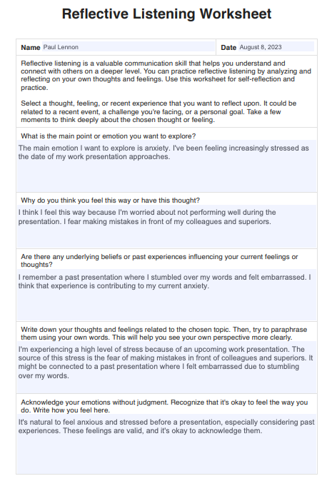 Reflective Listening Worksheet Example (sample)