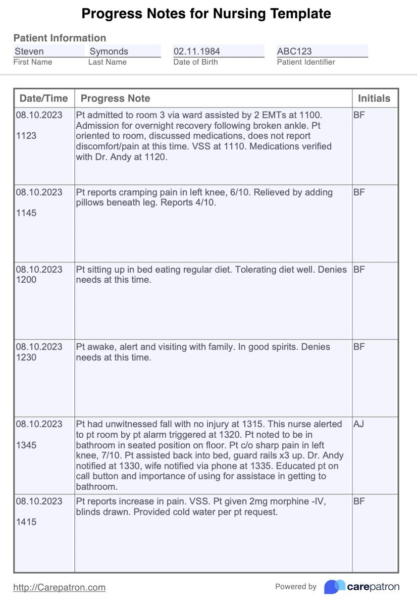 Nursing Progress Notes Example (Sample)