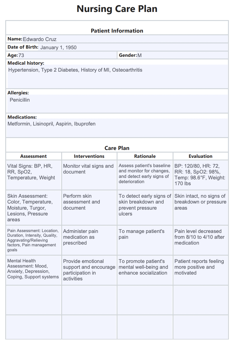 Nursing Care Plan example (sample)