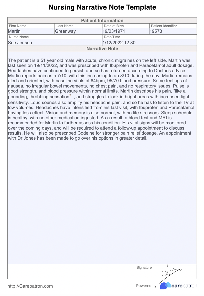 Nursing Narrative Note Example (Sample)