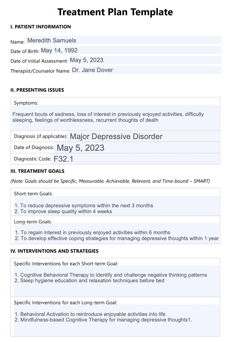Treatment Plan Example (Sample) 