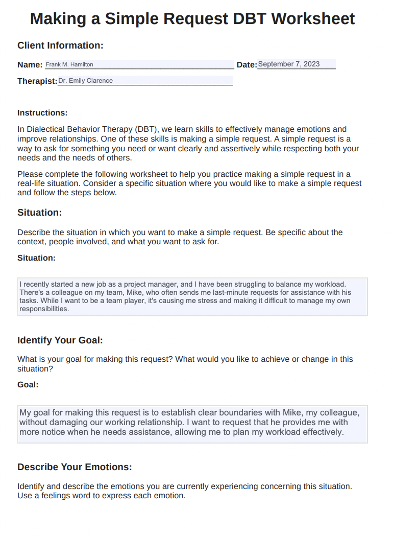 Making a Simple Request DBT Worksheet Example