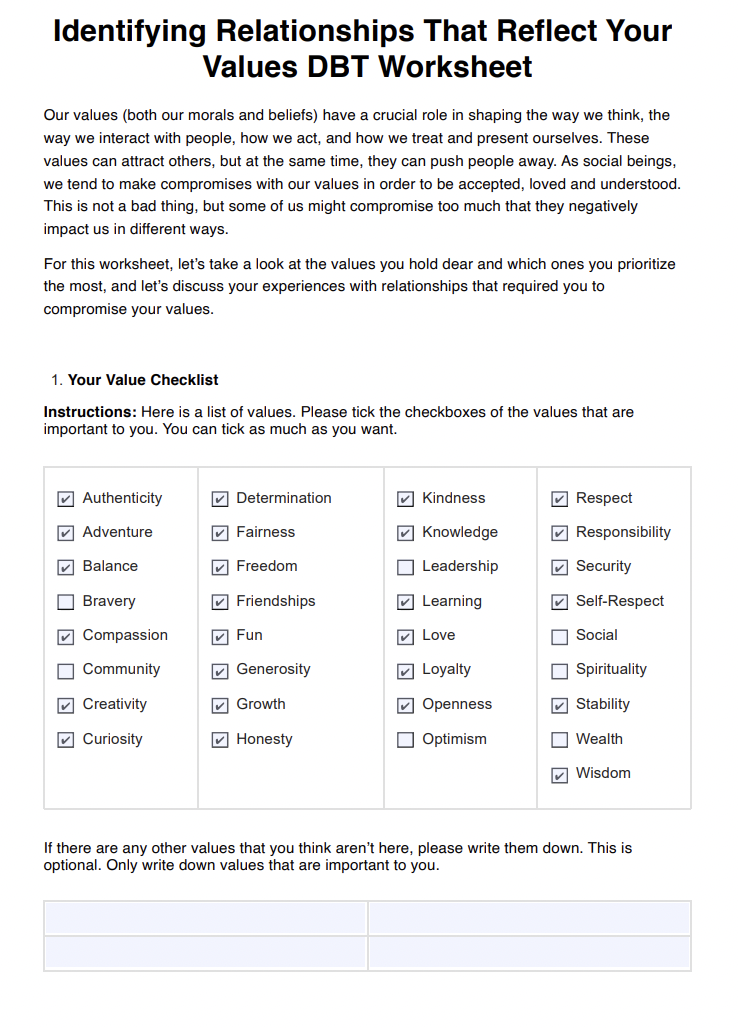 Identifying Relationships That Reflect Your Values DBT Worksheet Example
