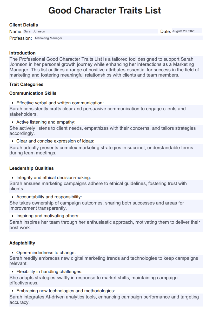 Good Character Traits Lists Example (sample)