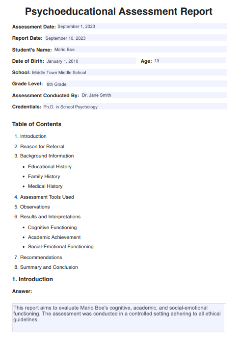 Psychoeducational Assessments Example (sample)