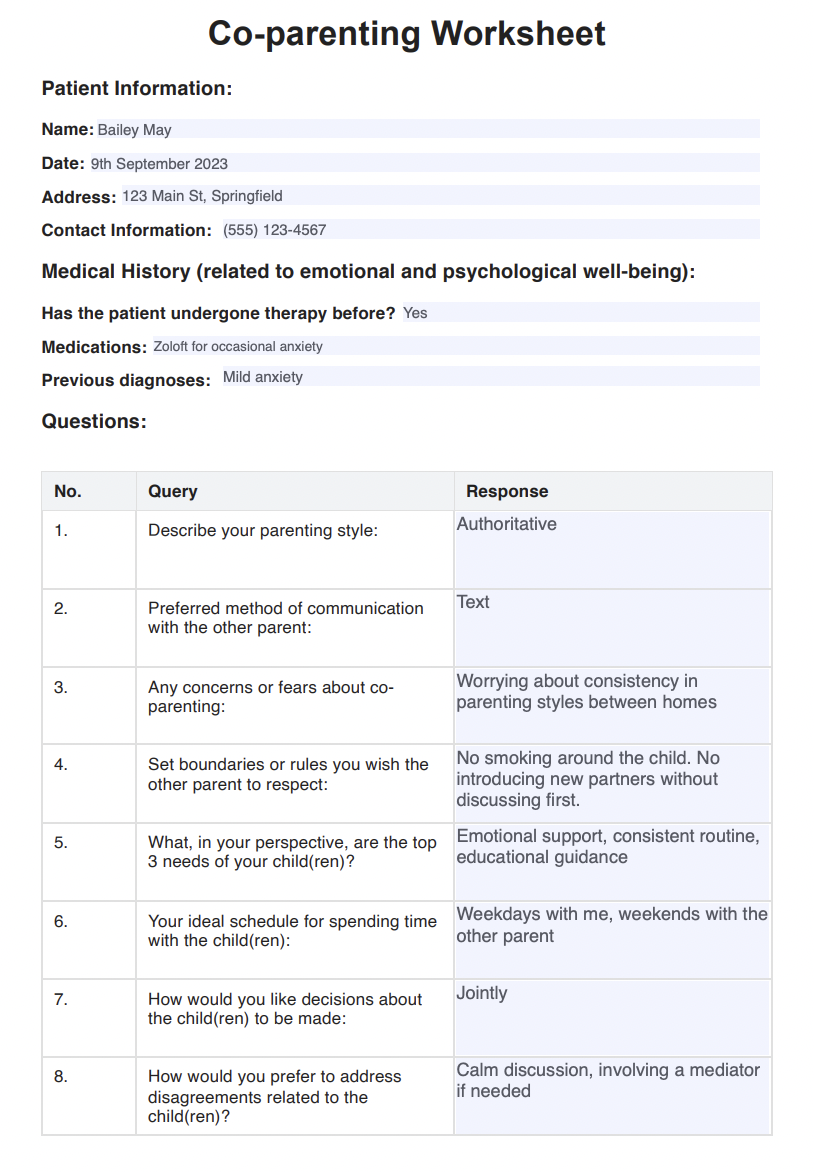 Co-parenting Worksheet Example (Sample)