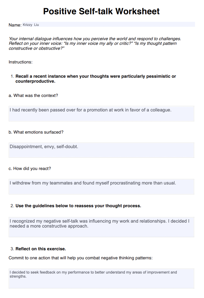 Positive Self-Talk Worksheets Example (sample)