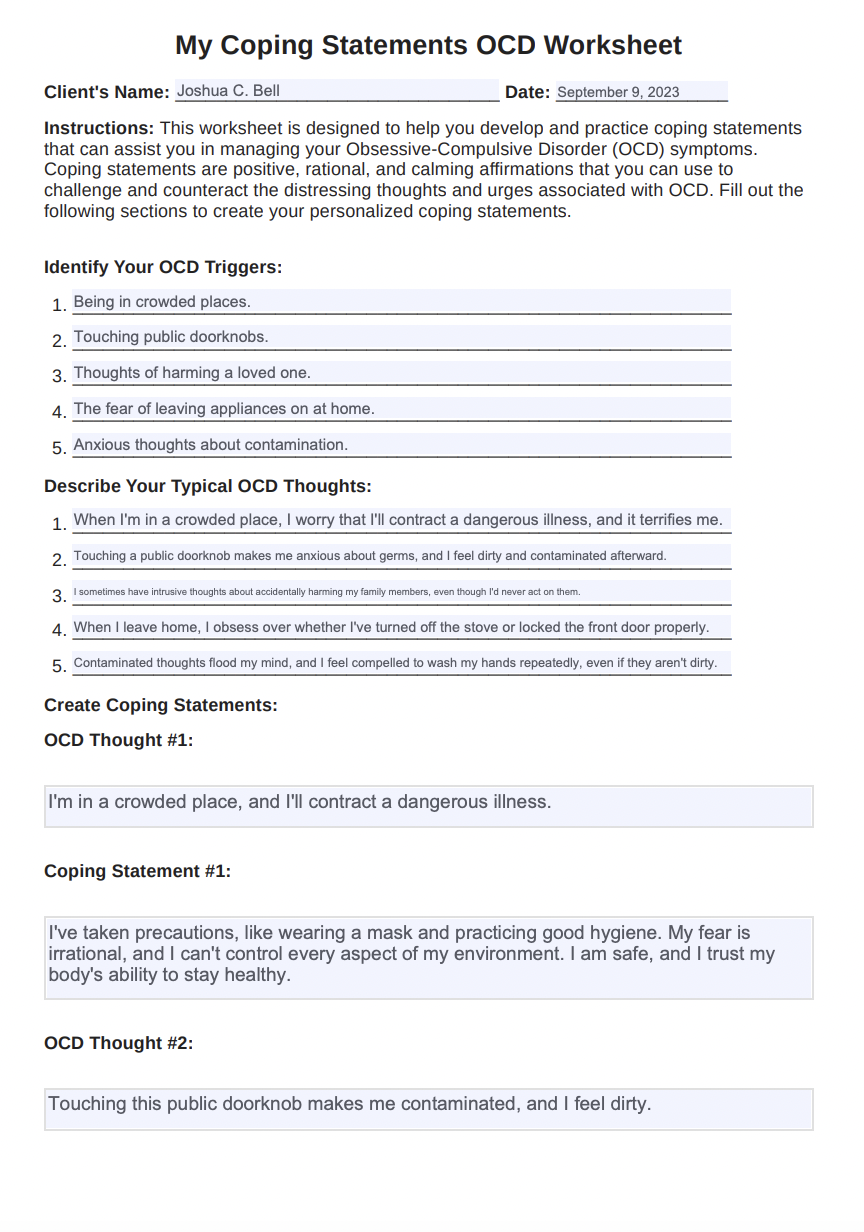 My Coping Statements OCD Worksheet Example