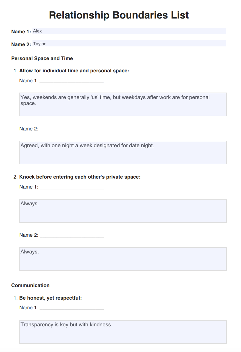 Relationship Boundaries List Example (Sample)