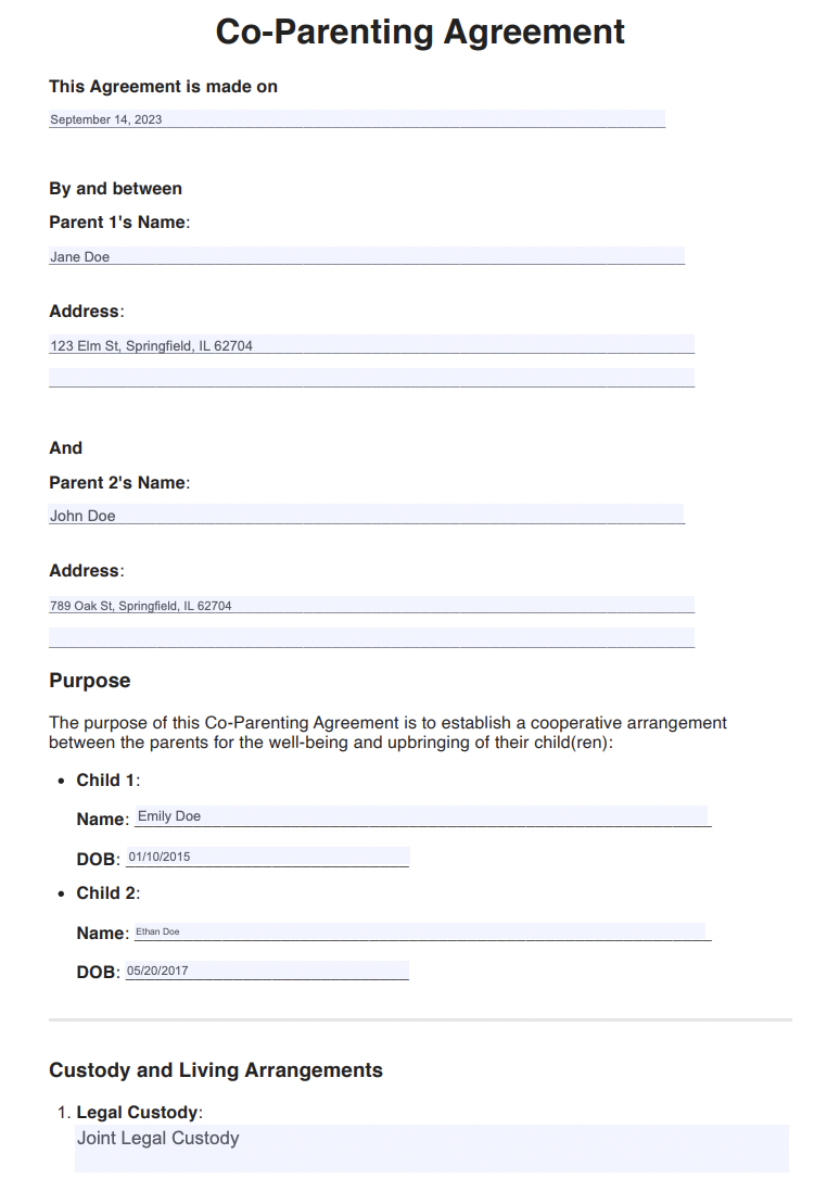 Co-Parenting Agreement Template Example (Sample)