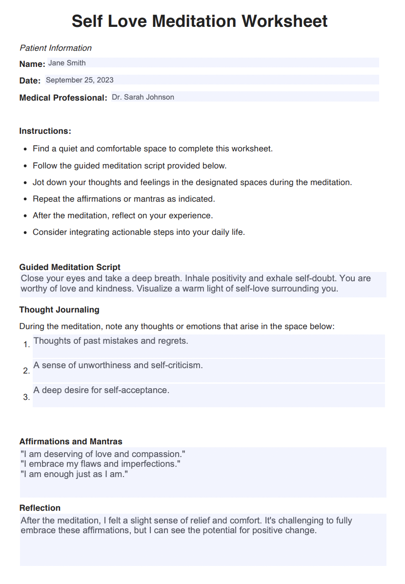 Self Love Meditation Worksheets Example (sample)